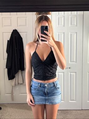 Black Sequin Halter Crop Top